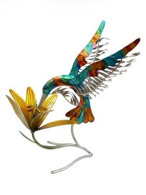 Colorful Metal Hummingbird Garden Statue with Yellow Lily Flower Yard Decor